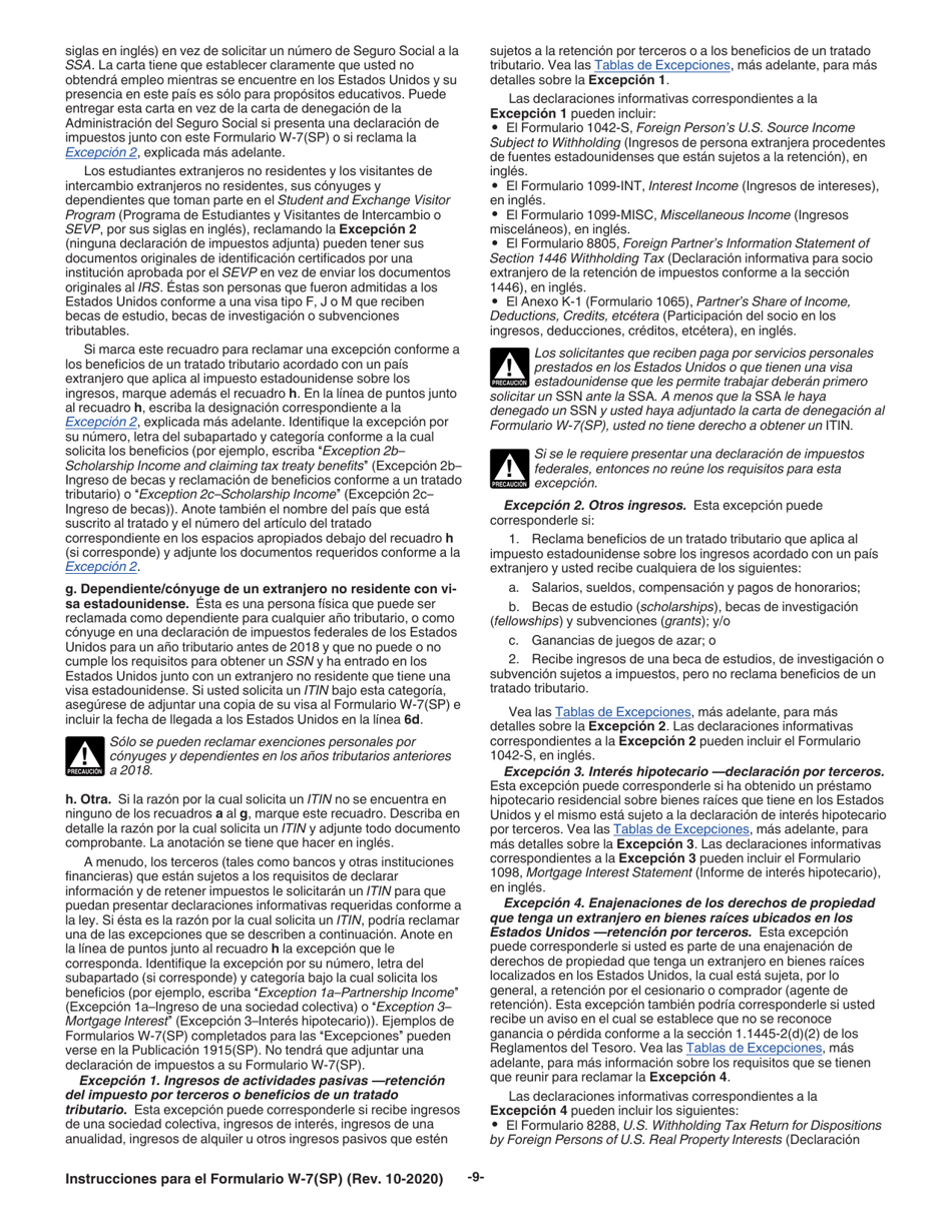 Instrucciones para IRS Formulario W-7 (SP) Solicitud De Numero De Identificacion Personal Del Contribuyente Del Servicio De Impuestos Internos (Spanish), Page 9