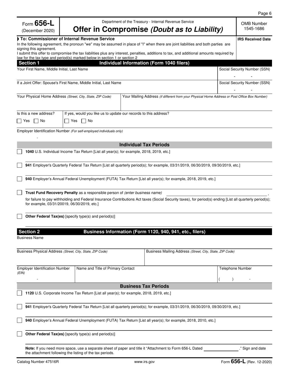 IRS Form 656-L Download Fillable PDF Or Fill Online Offer In Compromise ...