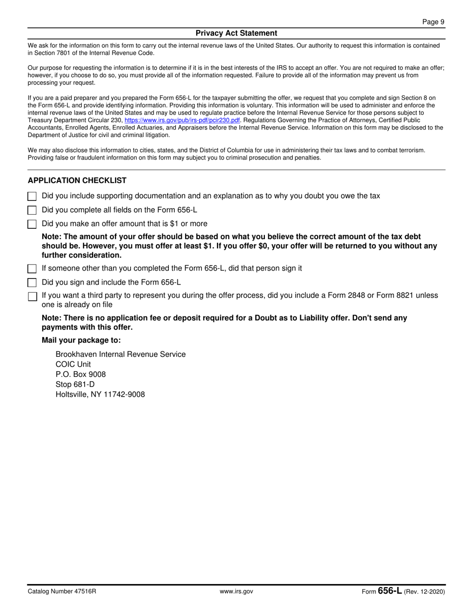 IRS Form 656-L Offer in Compromise (Doubt as to Liability), Page 9