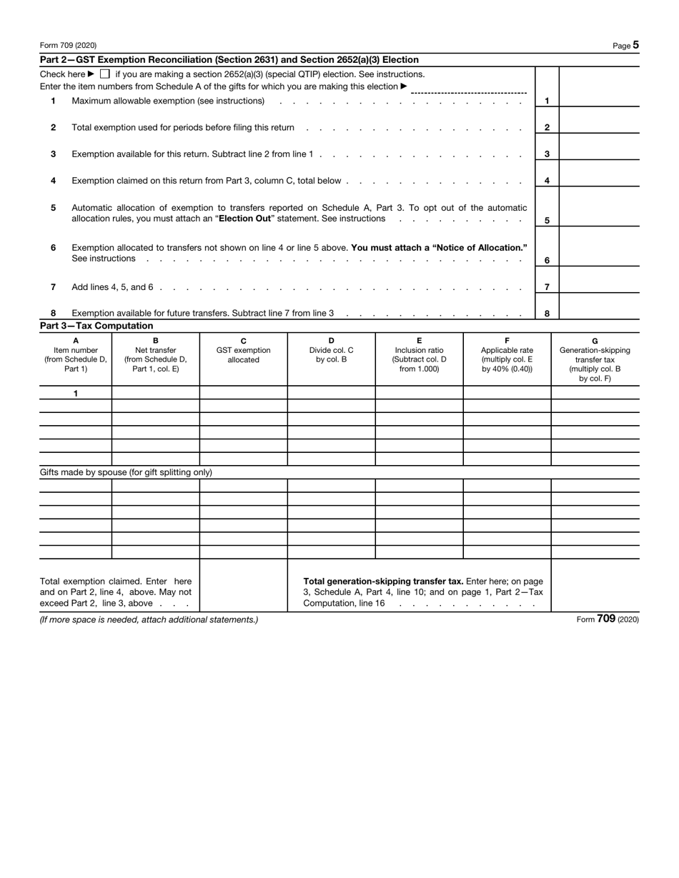 IRS Form 709 United States Gift (And Generation-Skipping Transfer) Tax Return, Page 5