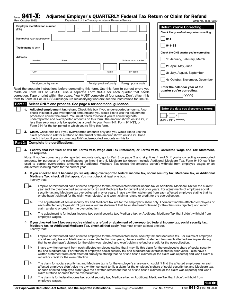 IRS Form 941-X Adjusted Employers Quarterly Federal Tax Return or Claim for Refund, Page 1