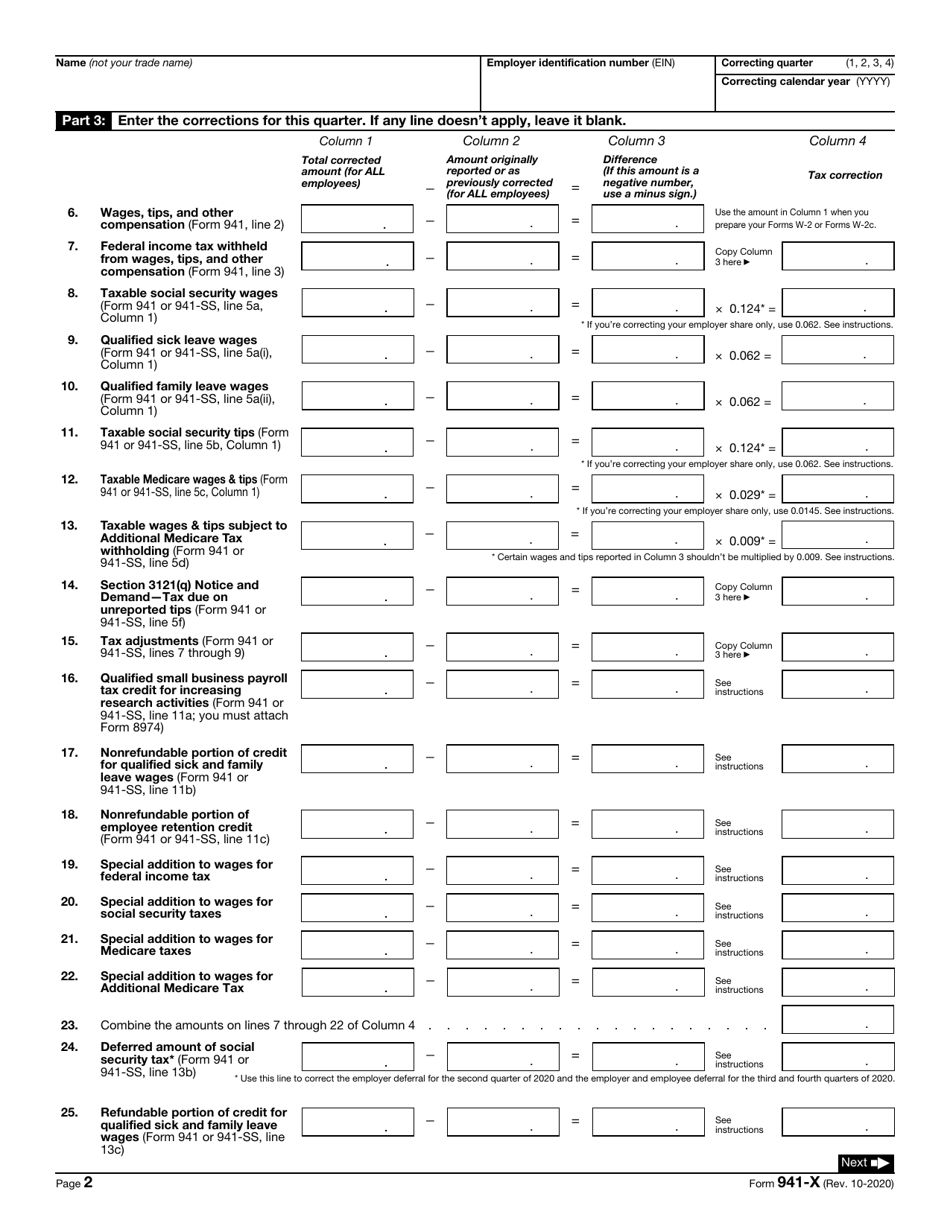 IRS Form 941-X Adjusted Employers Quarterly Federal Tax Return or Claim for Refund, Page 2