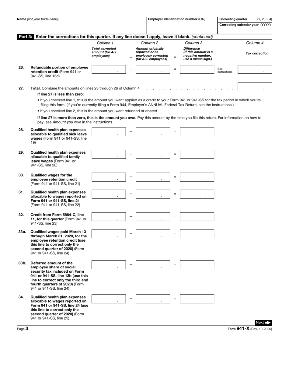IRS Form 941-X Adjusted Employers Quarterly Federal Tax Return or Claim for Refund, Page 3