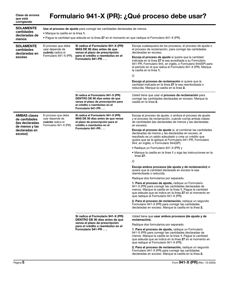 IRS Formulario 941-X (PR) Ajuste a La Declaracion Federal Trimestral Del Patrono O Reclamacion De Reembolso (Puerto Rican Spanish), Page 5