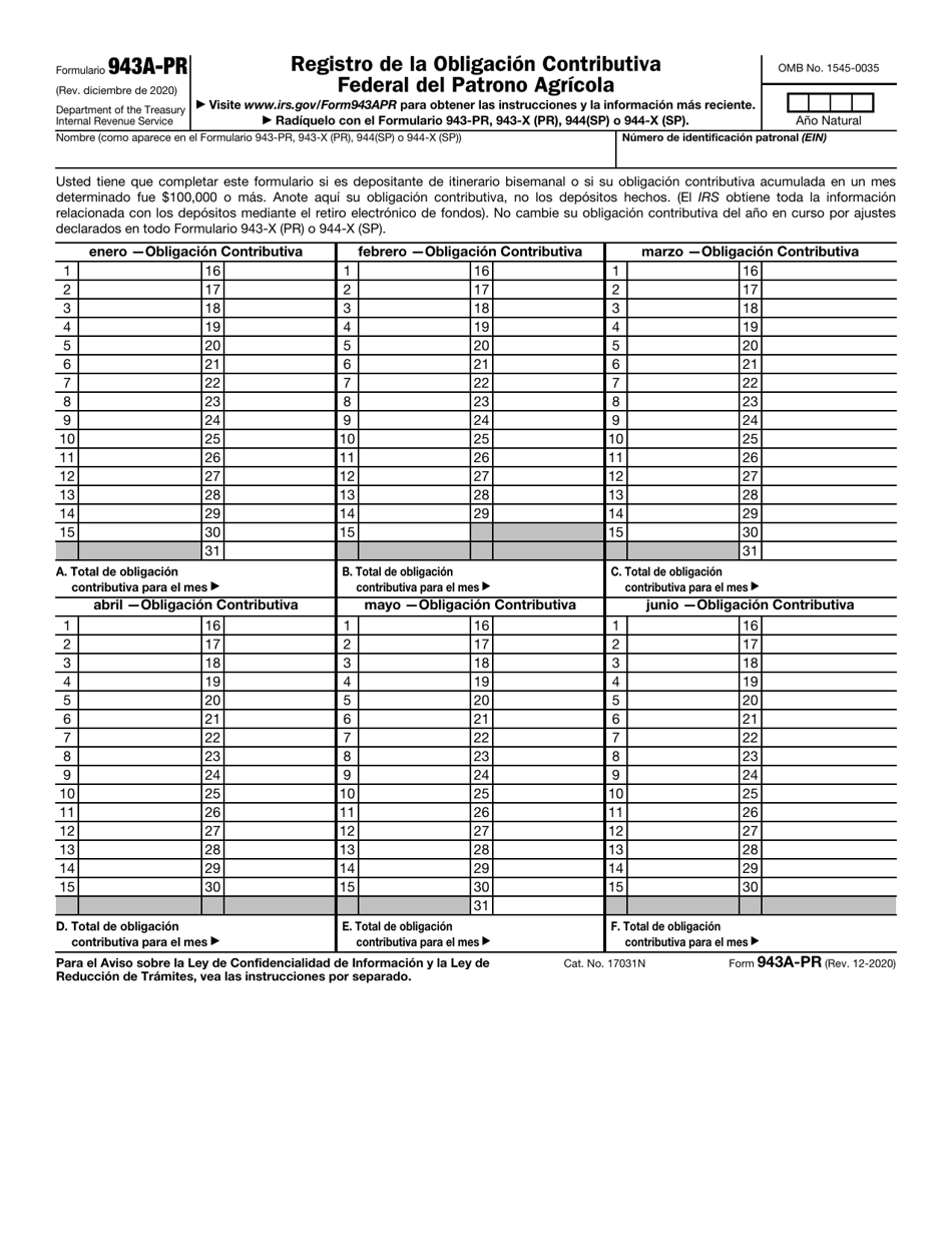 IRS Formulario 943-A (PR) Registro De La Obligacion Contributiva Federal Del Patrono Agricola (Puerto Rican Spanish), Page 1