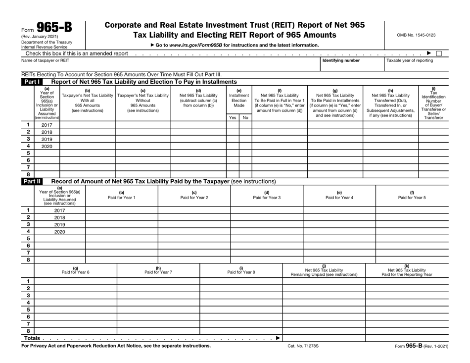 IRS Form 965-B Corporate and Real Estate Investment Trust (Reit) Report of Net 965 Tax Liability and Electing Reit Report of 965 Amounts, Page 1