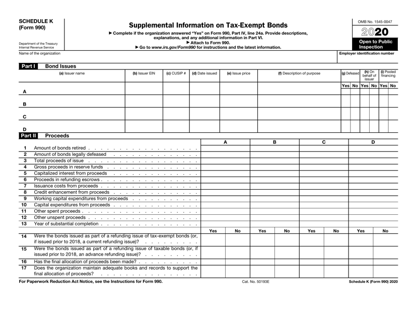 IRS Form 990 Schedule K 2020 Printable Pdf