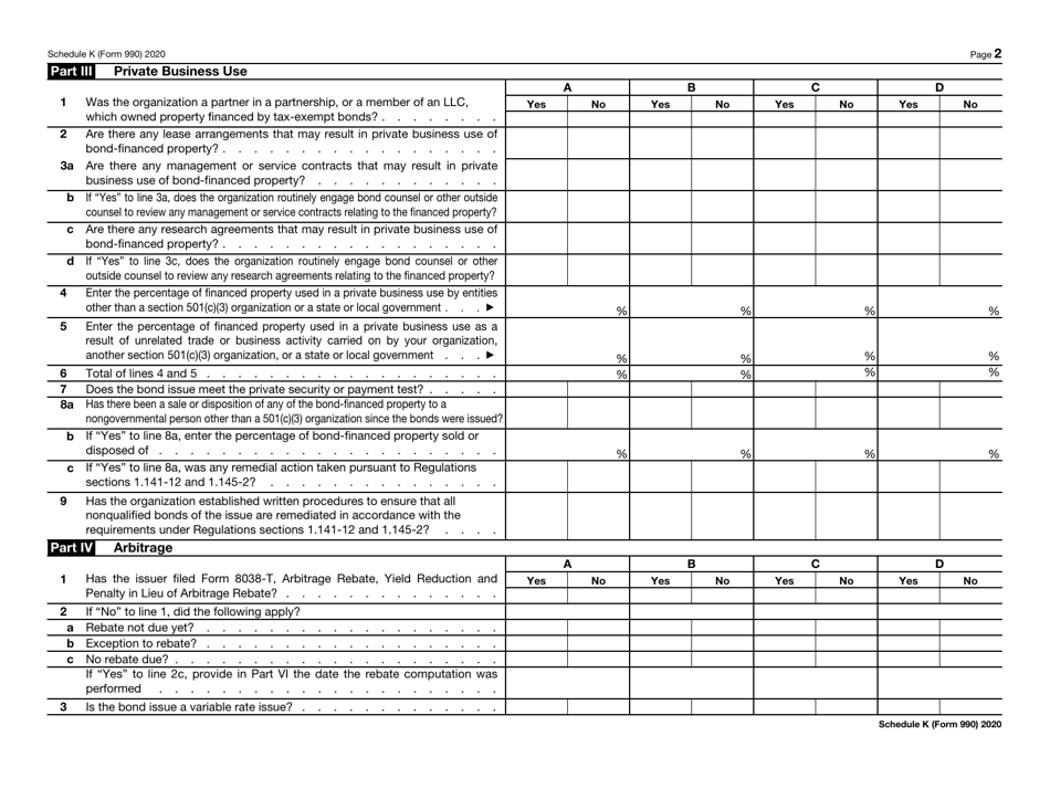 IRS Form 990 Schedule K Supplemental Information on Tax-Exempt Bonds, Page 2