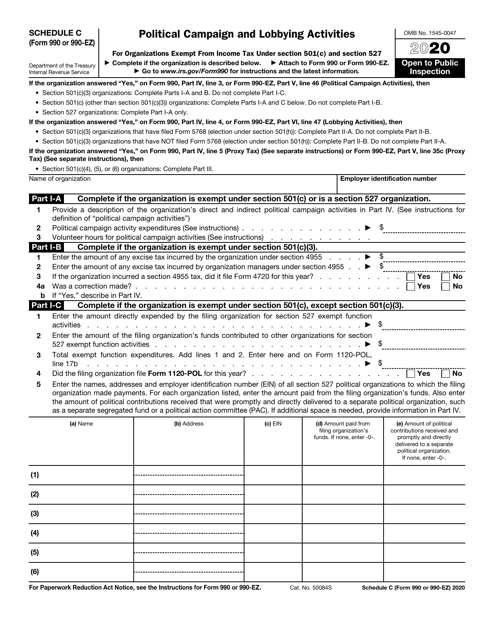 IRS Form 990 (990-EZ) Schedule C Political Campaign and Lobbying Activities, 2020