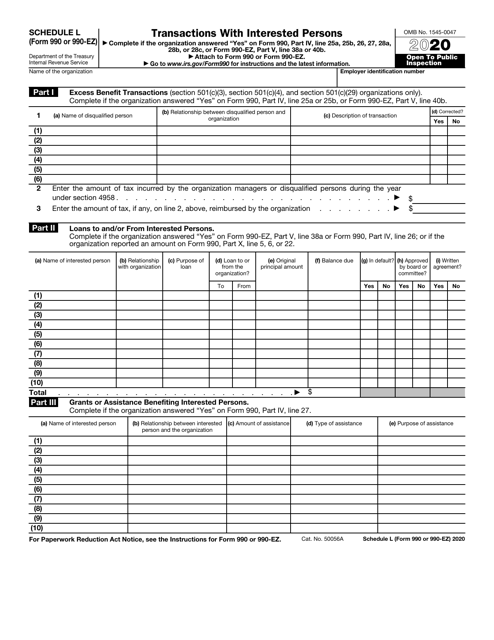 IRS Form 990 (990-EZ) Schedule L Transactions With Interested Persons, 2020