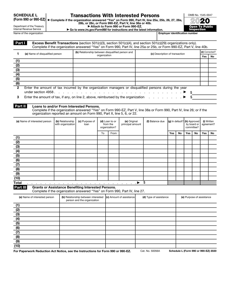 IRS Form 990 (990-EZ) Schedule L Transactions With Interested Persons, Page 1