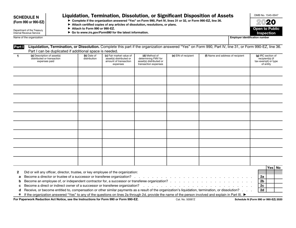 IRS Form 990 (990-EZ) Schedule N Liquidation, Termination, Dissolution, or Significant Disposition of Assets, Page 1