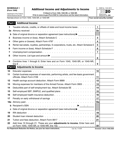 Irs 1040 2022 Schedule 1 Irs Form 1040 Schedule 1 Download Fillable Pdf Or Fill Online Additional  Income And Adjustments To Income - 2020 | Templateroller