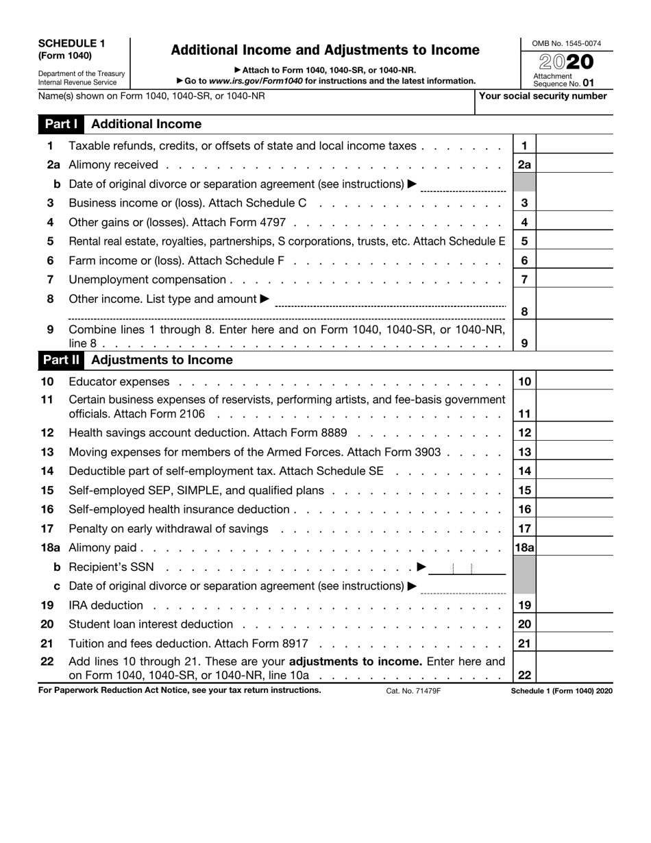 IRS Form 1040 Schedule 1 Additional Income and Adjustments to Income, Page 1