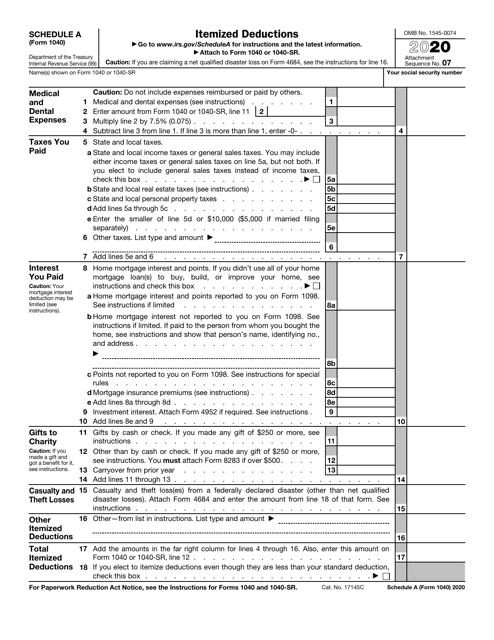IRS Form 1040 Schedule A 2020 Printable Pdf