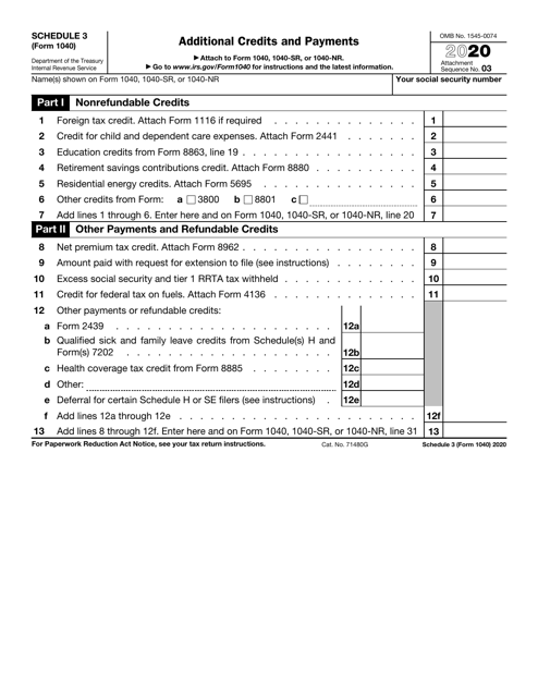 IRS Form 1040 Schedule 3 Download Fillable PDF or Fill Online Additional Credits and Payments