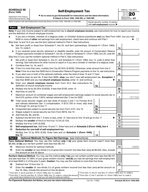 IRS Form 1040 Schedule SE 2020 Printable Pdf