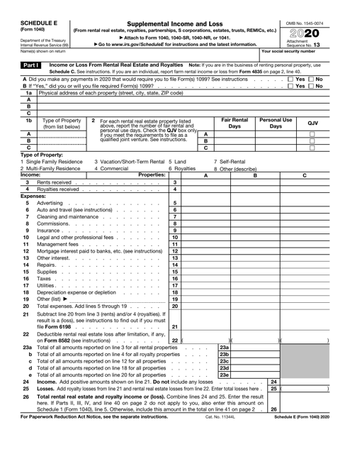 IRS Form 1040 Schedule E Download Fillable PDF or Fill Online Supplemental Income and Loss