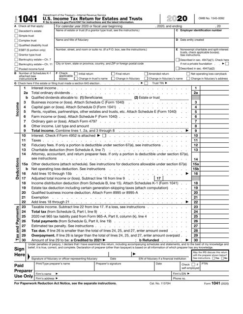 IRS Form 1041 2020 Printable Pdf