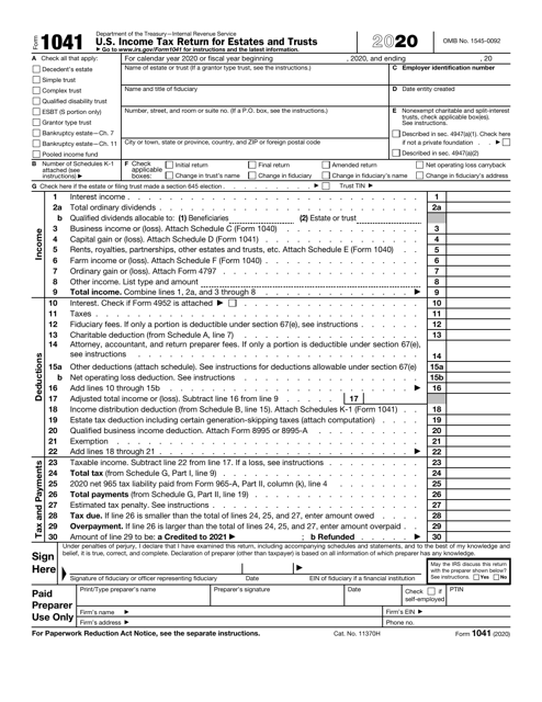 IRS Form 1041 Download Fillable PDF or Fill Online U.S. Income Tax