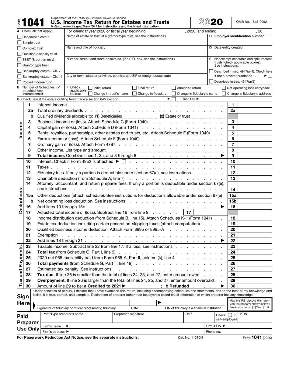 IRS Form 1041 Download Fillable PDF or Fill Online U.S. Tax