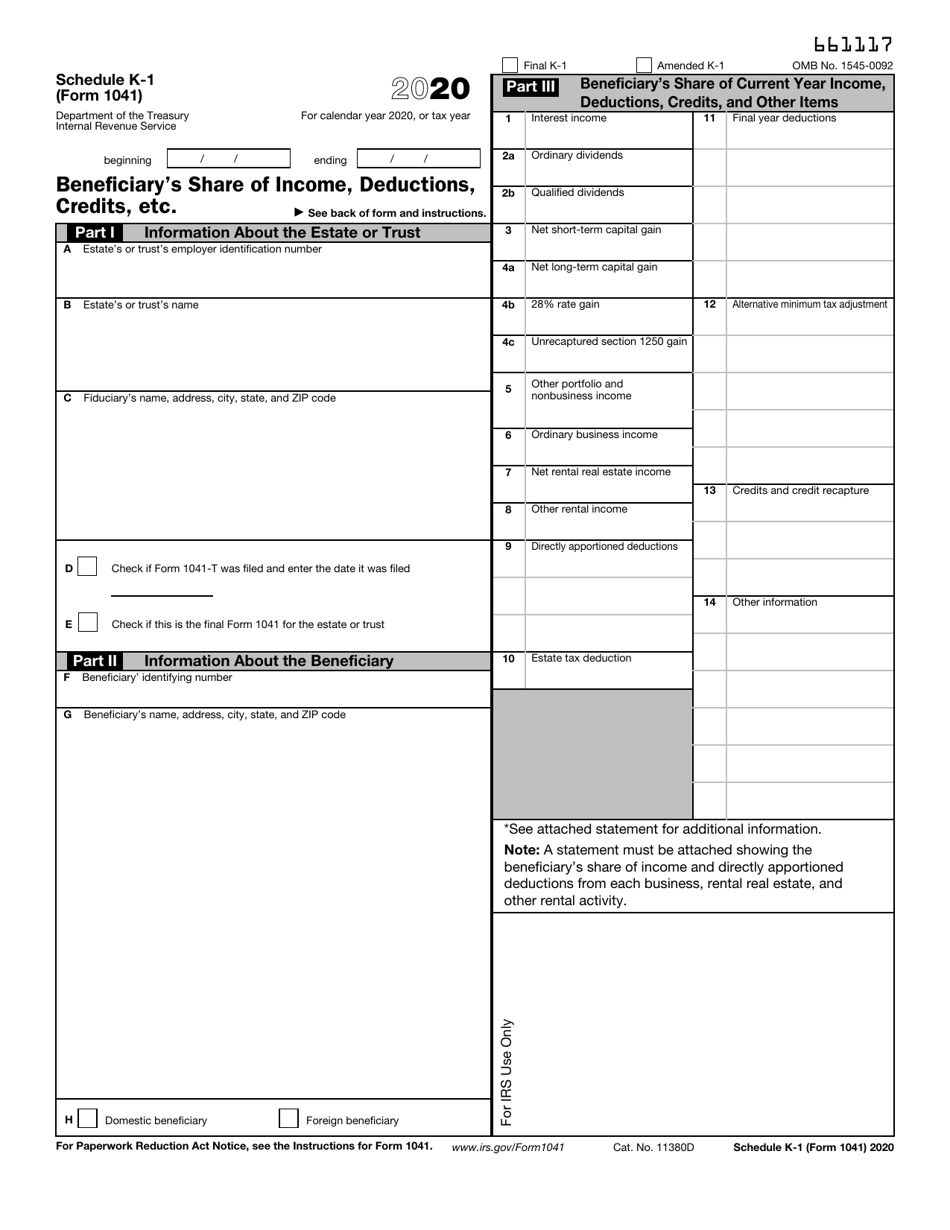 IRS Form 1041 Schedule K-1 Beneficiary's Share of Income, Deductions, Credits, Etc., Page 1