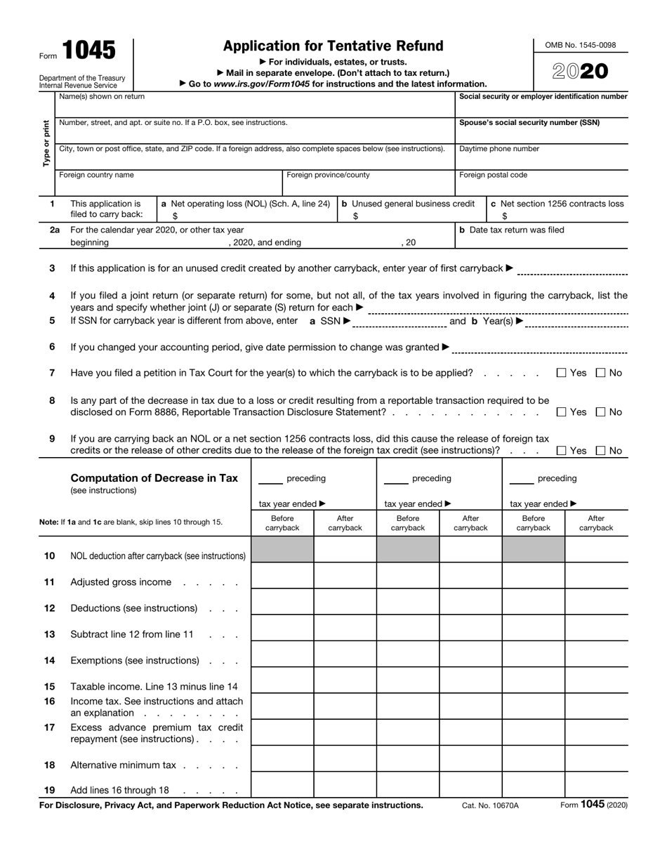 IRS Form 1045 Application for Tentative Refund, Page 1