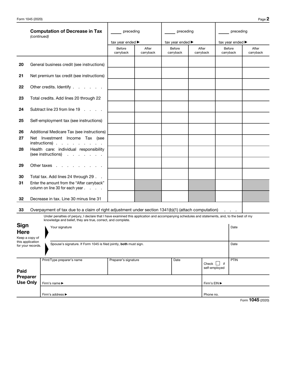 IRS Form 1045 Application for Tentative Refund, Page 2
