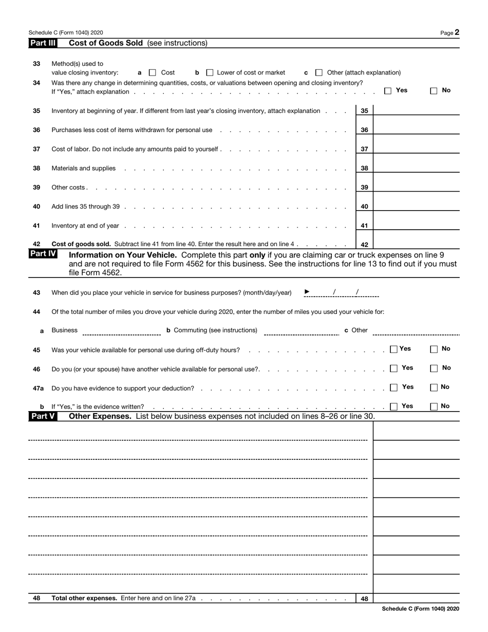 IRS Form 1040 Schedule C Profit or Loss From Business (Sole Proprietorship), Page 2