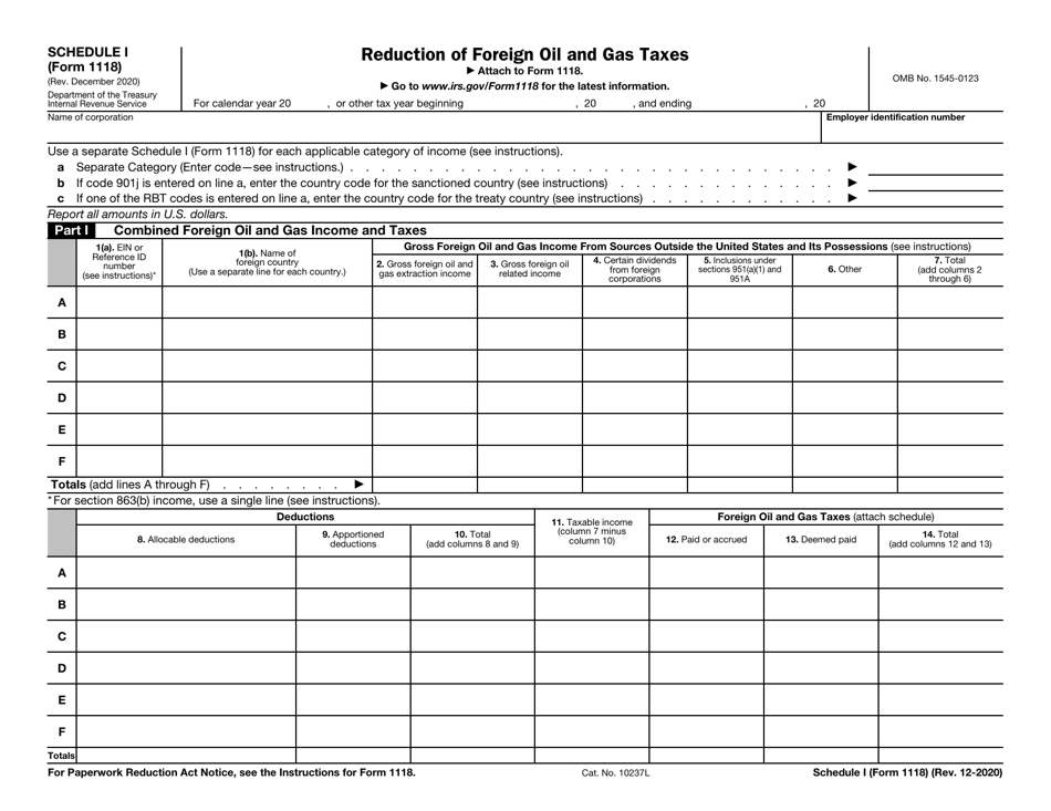 IRS Form 1118 Schedule I Reduction of Foreign Oil and Gas Taxes, Page 1