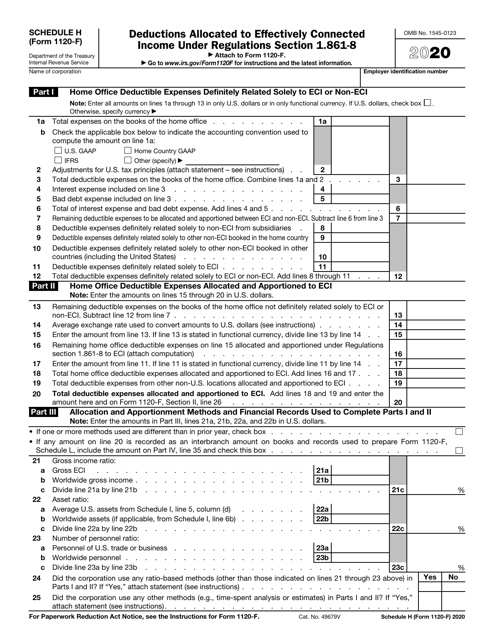 IRS Form 1120-F Schedule H 2020 Printable Pdf