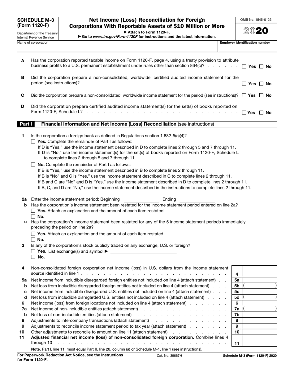 IRS Form 1120-F Schedule M-3 Net Income (Loss) Reconciliation for Foreign Corporations With Reportable Assets of $10 Million or More, Page 1