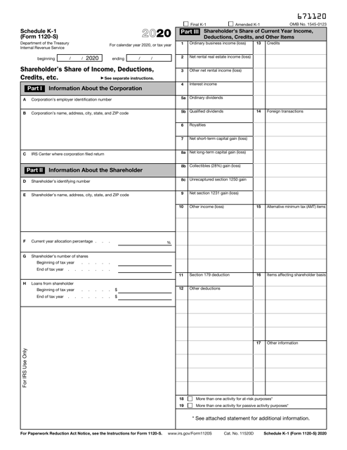 IRS Form 1120-S Schedule K-1 Download Fillable PDF or Fill Online Shareholder's Share of Income