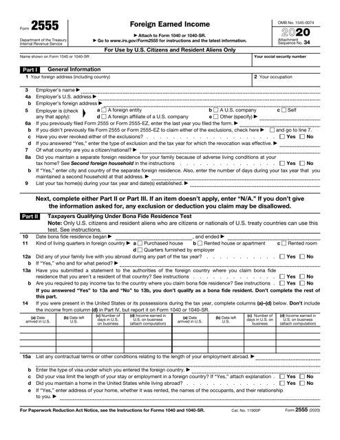 IRS Form 2555 2020 Printable Pdf