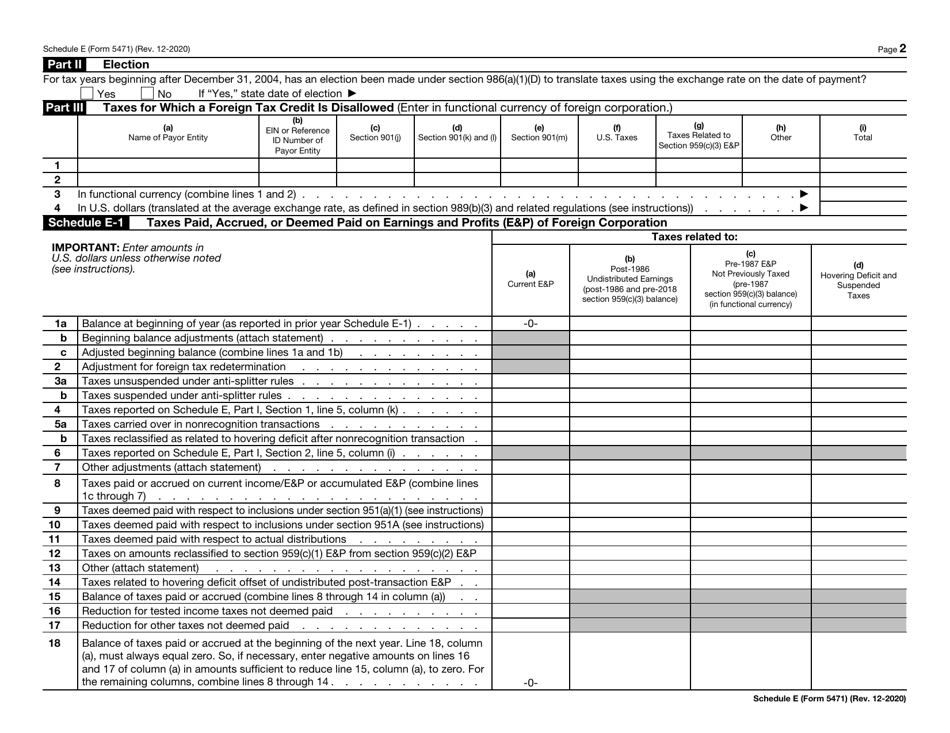 IRS Form 5471 Schedule E Income, War Profits, and Excess Profits Taxes Paid or Accrued, Page 2