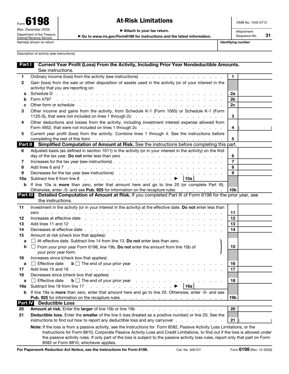 IRS Form 6198 At-Risk Limitations, Page 1