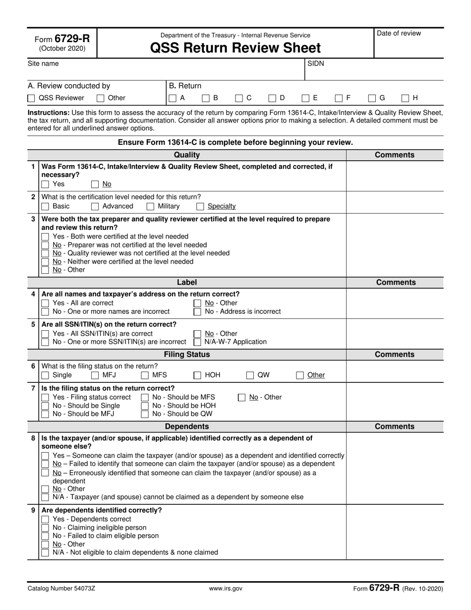 IRS Form 6729-R Qss Return Review Sheet, Page 1