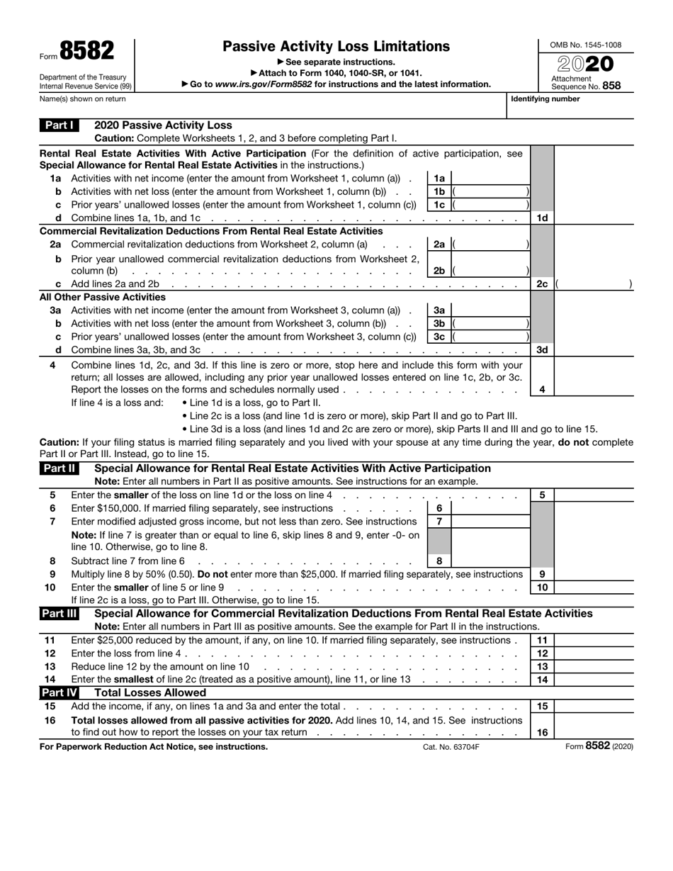 IRS Form 8582 Download Fillable PDF or Fill Online Passive Activity ...