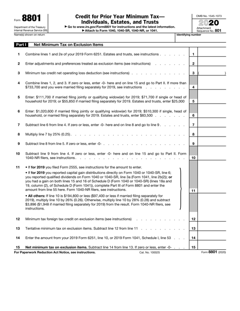 IRS Form 8801 2020 Printable Pdf