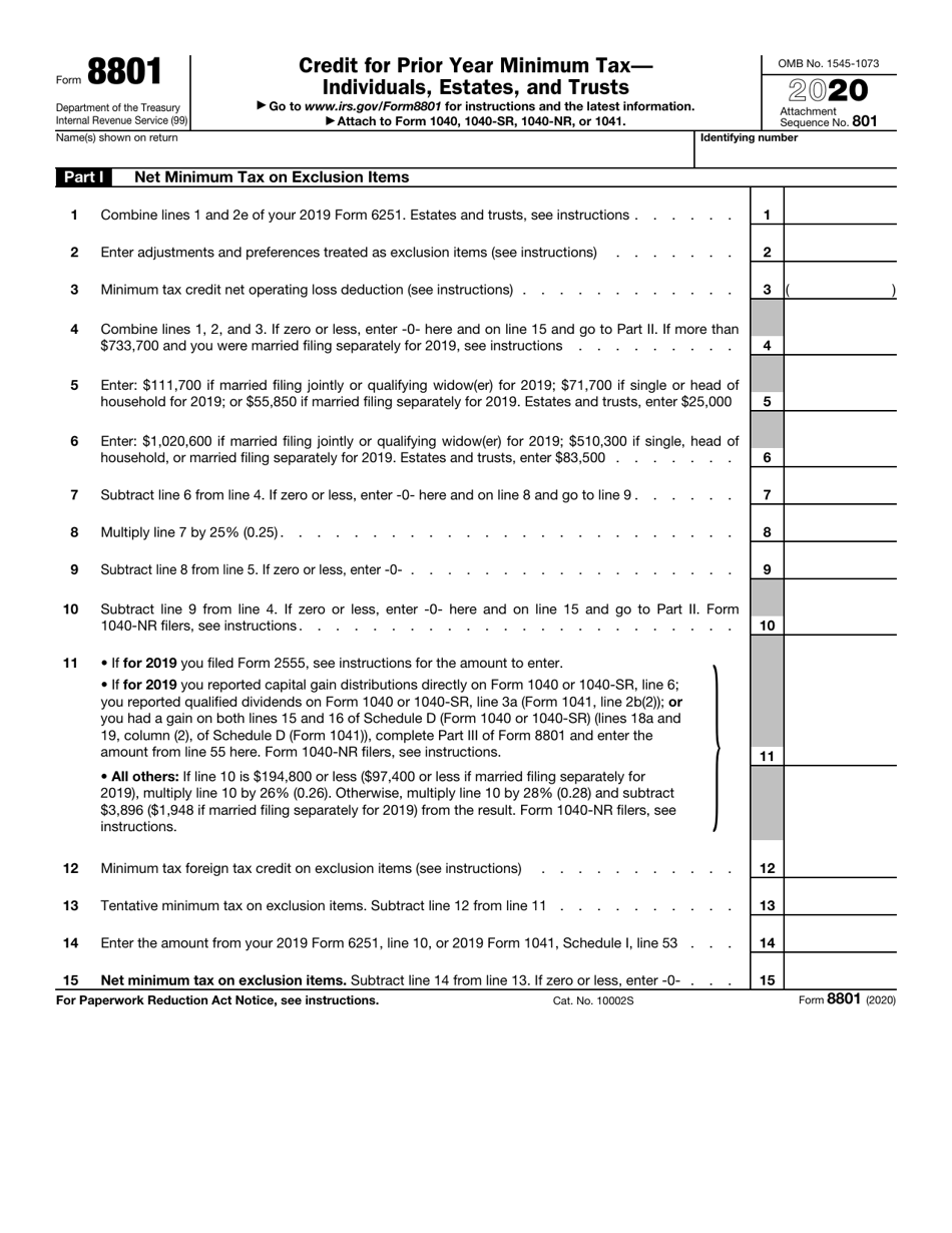 IRS Form 8801 Credit for Prior Year Minimum Tax - Individuals, Estates, and Trusts, Page 1