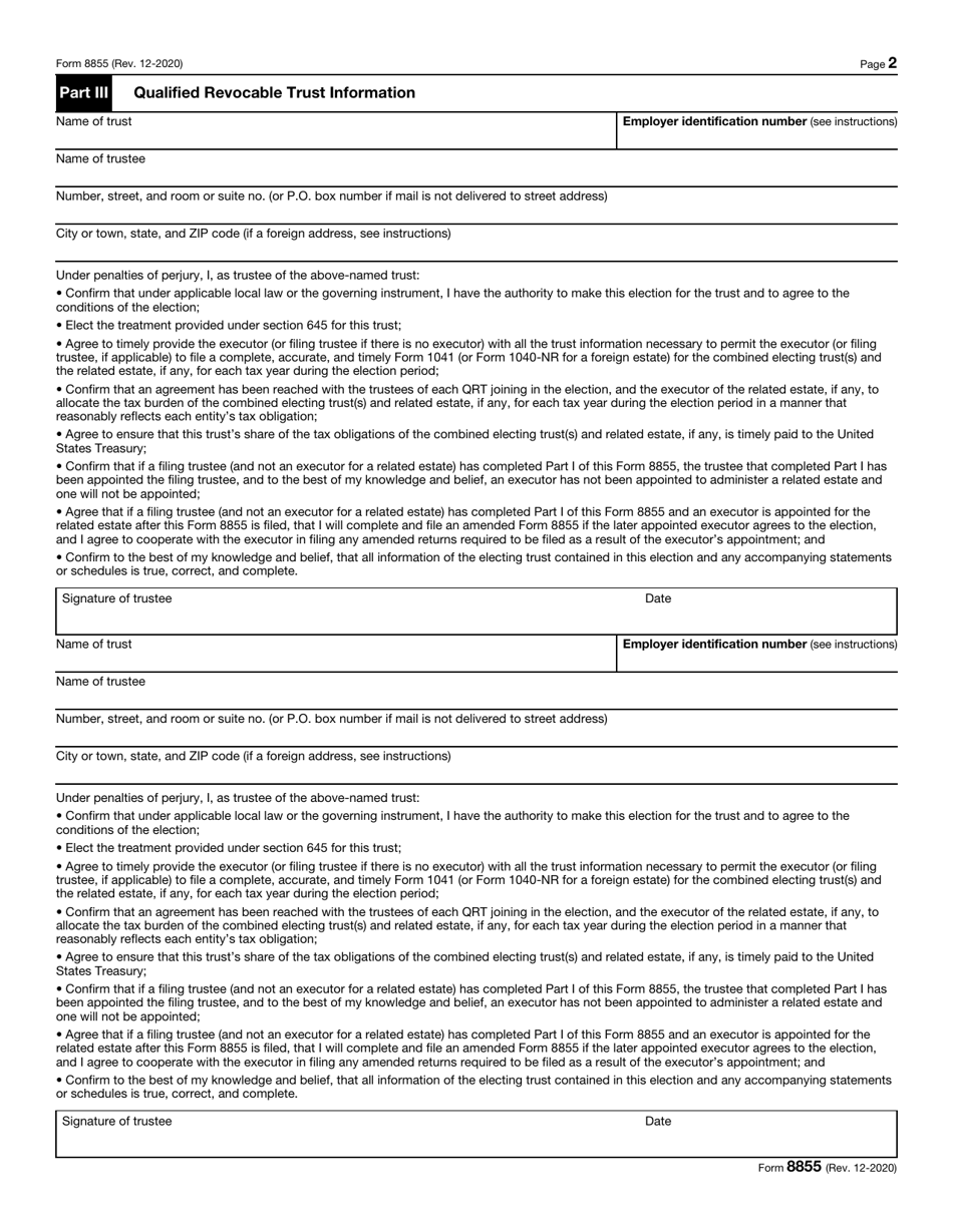IRS Form 8855 Election to Treat a Qualified Revocable Trust as Part of an Estate, Page 2