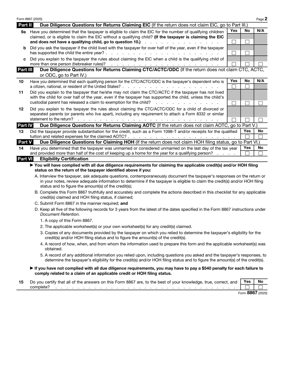 IRS Form 8867 Paid Preparers Due Diligence Checklist, Page 2