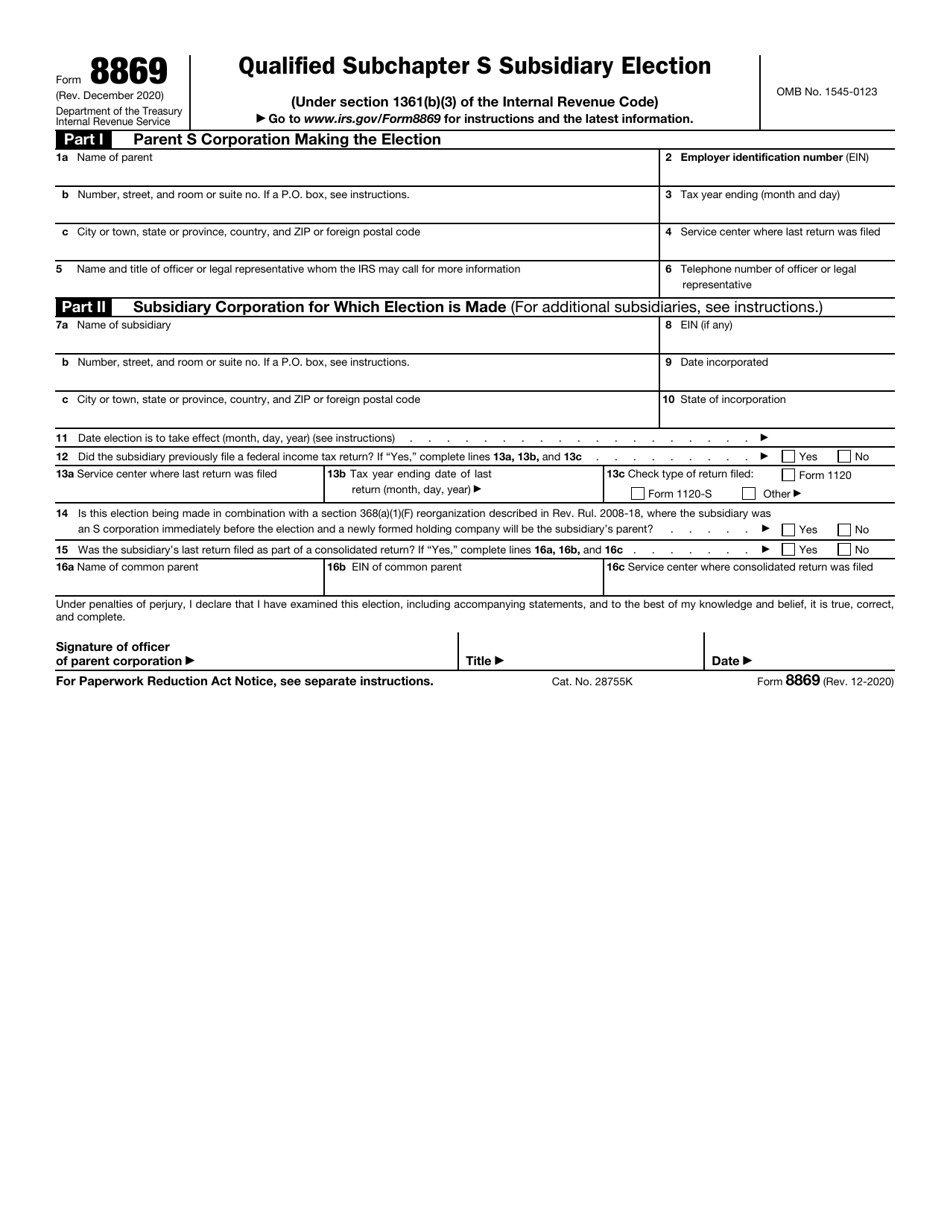 IRS Form 8869 Download Fillable PDF Or Fill Online Qualified Subchapter ...