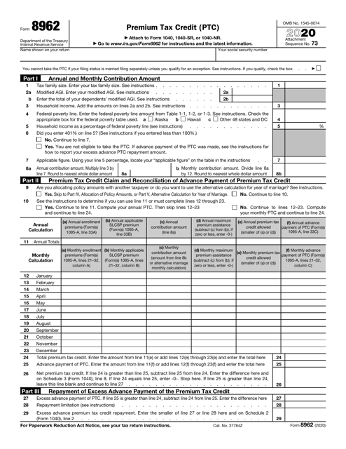 IRS Form 8962 2020 Printable Pdf