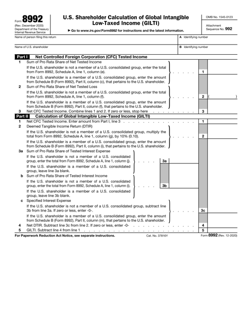 IRS Form 8992 U.S. Shareholder Calculation of Global Intangible Low-Taxed Income (Gilti)