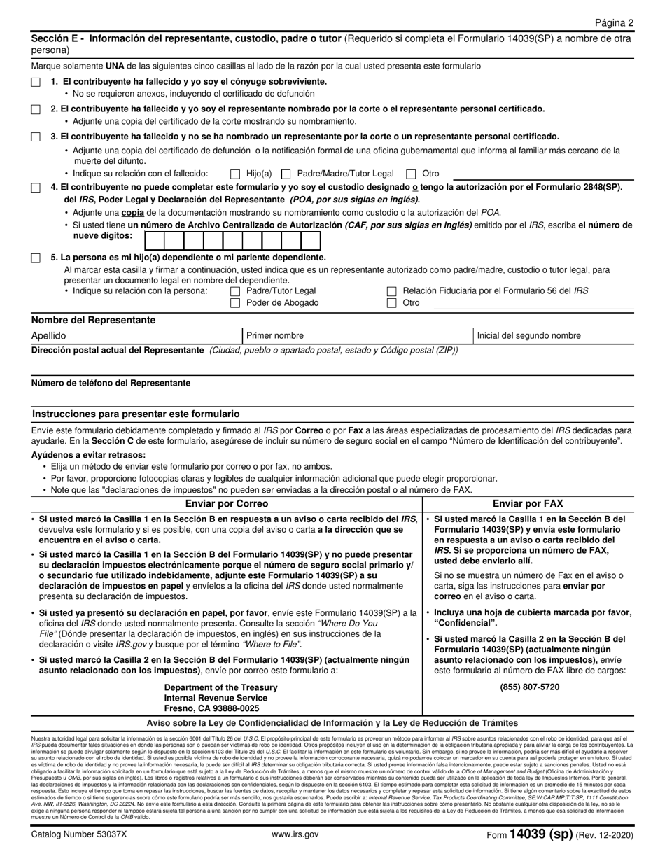 IRS Formulario 14039 (SP) Declaracion Jurada Sobre El Robo De Identidad (Spanish), Page 2