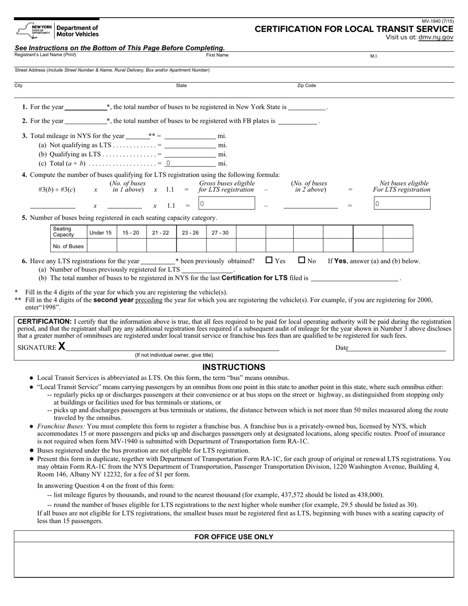 Form MV-1940 Certification for Local Transit Service - New York, Page 1