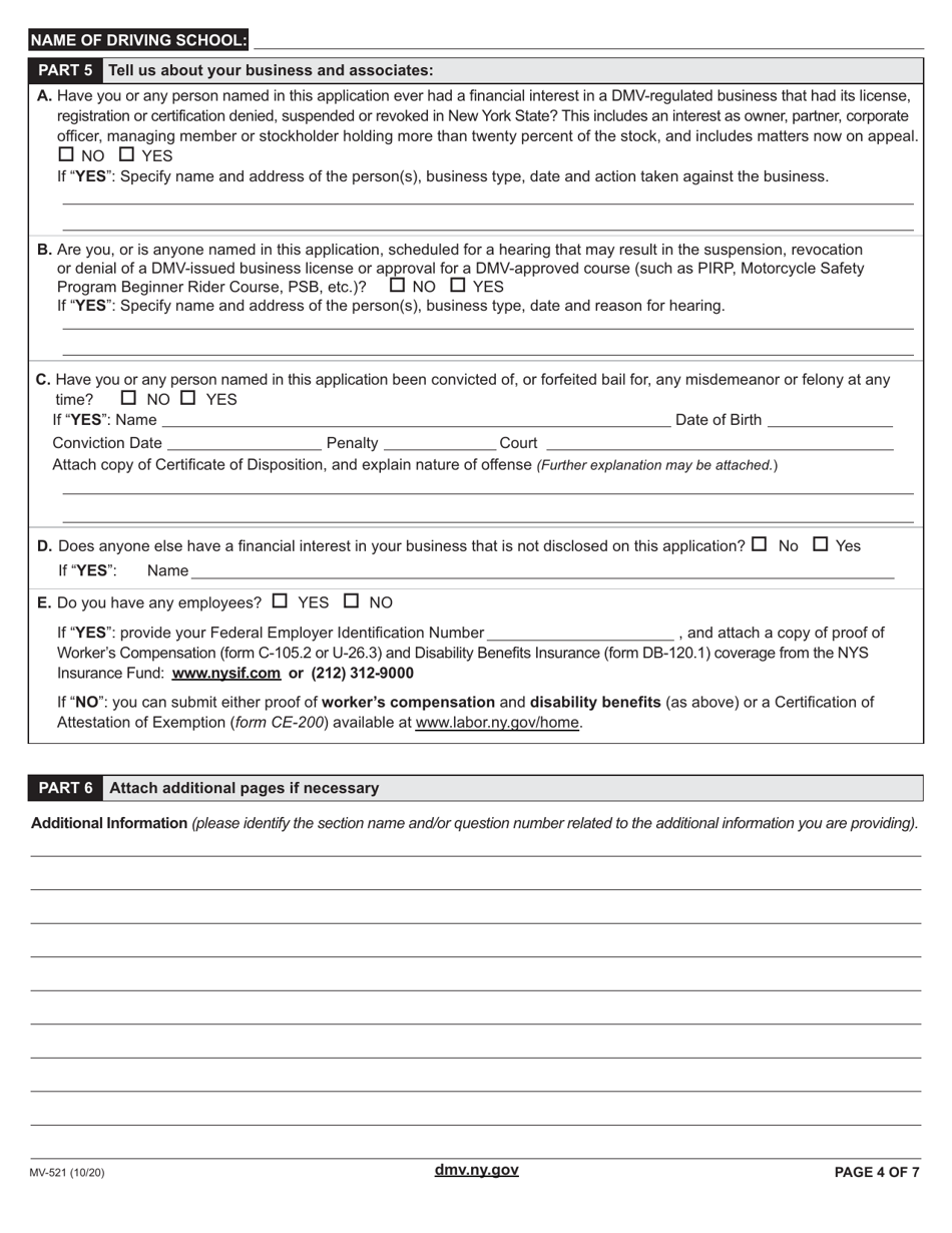 Form MV-521 Application to Amend a Driving School License - New York, Page 4