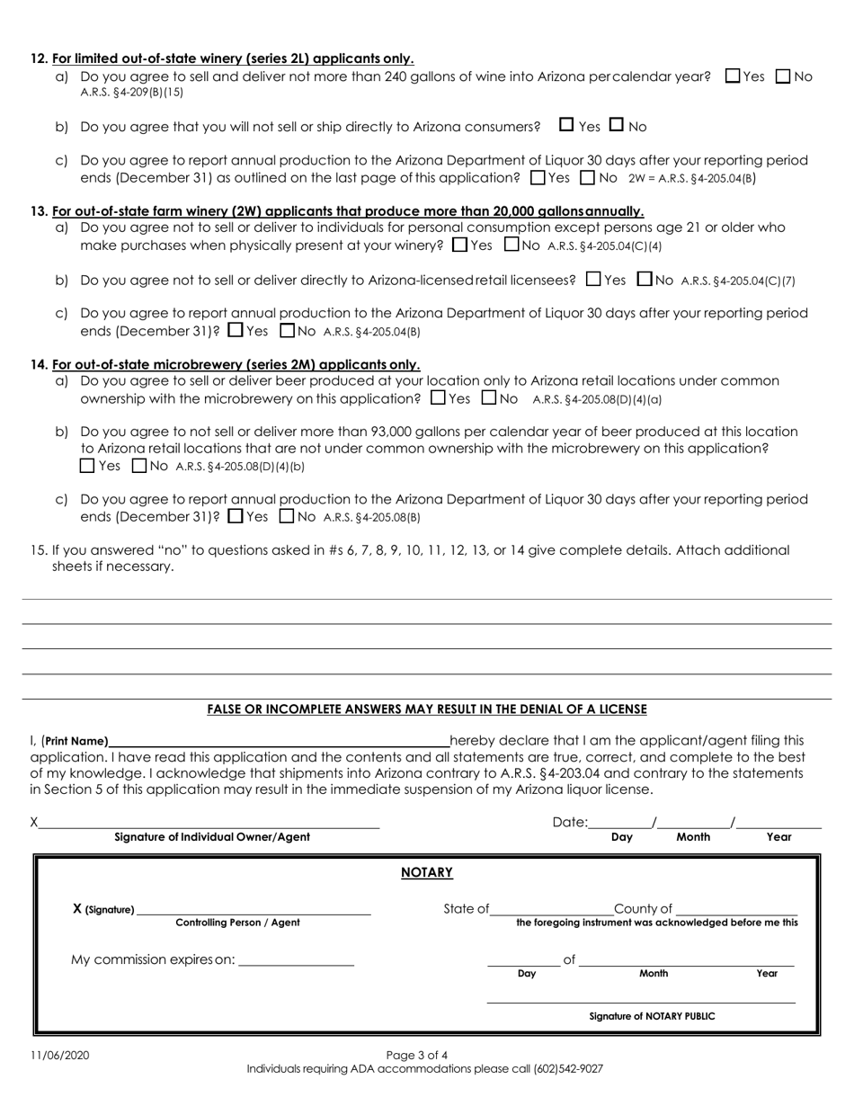 Application for Out-of-State Producer Liquor Licenses - Arizona, Page 3