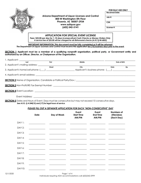 Application for Special Event License - Arizona Download Pdf